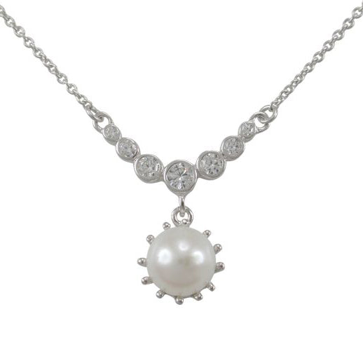 Sterling Silver Pearl & White Cubic Zirconia 40-45cm Necklet