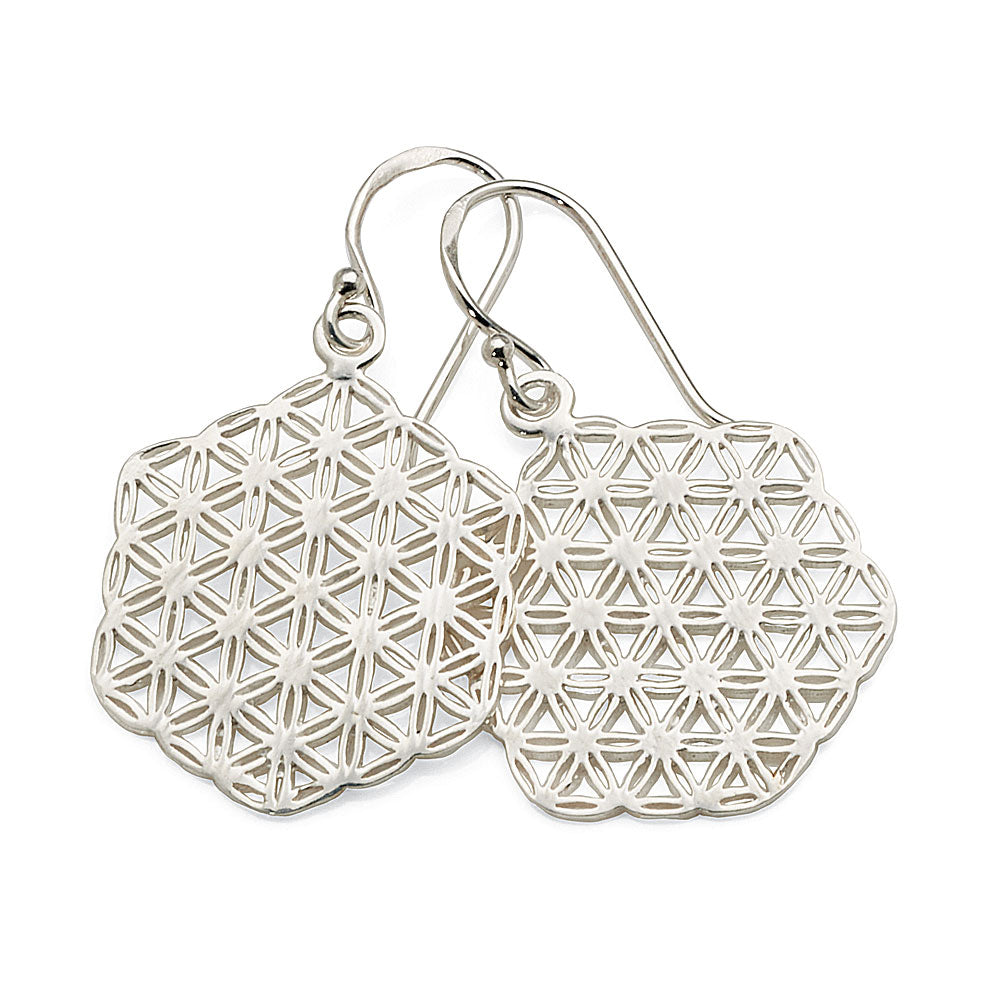 Sterling Silver Hexagonal Flower of Life Hook Earrings