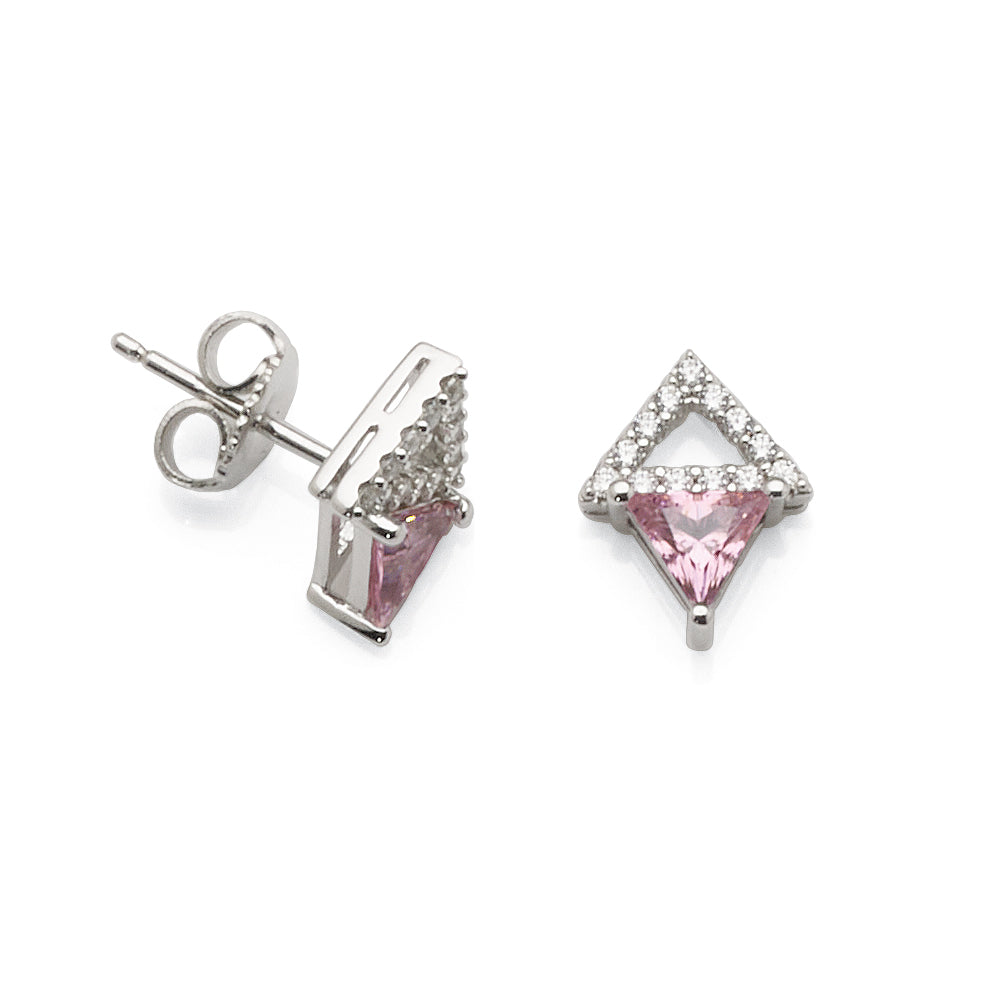 Sterling Silver Pink & White Cubic Zirconia Triangle Stud Ea