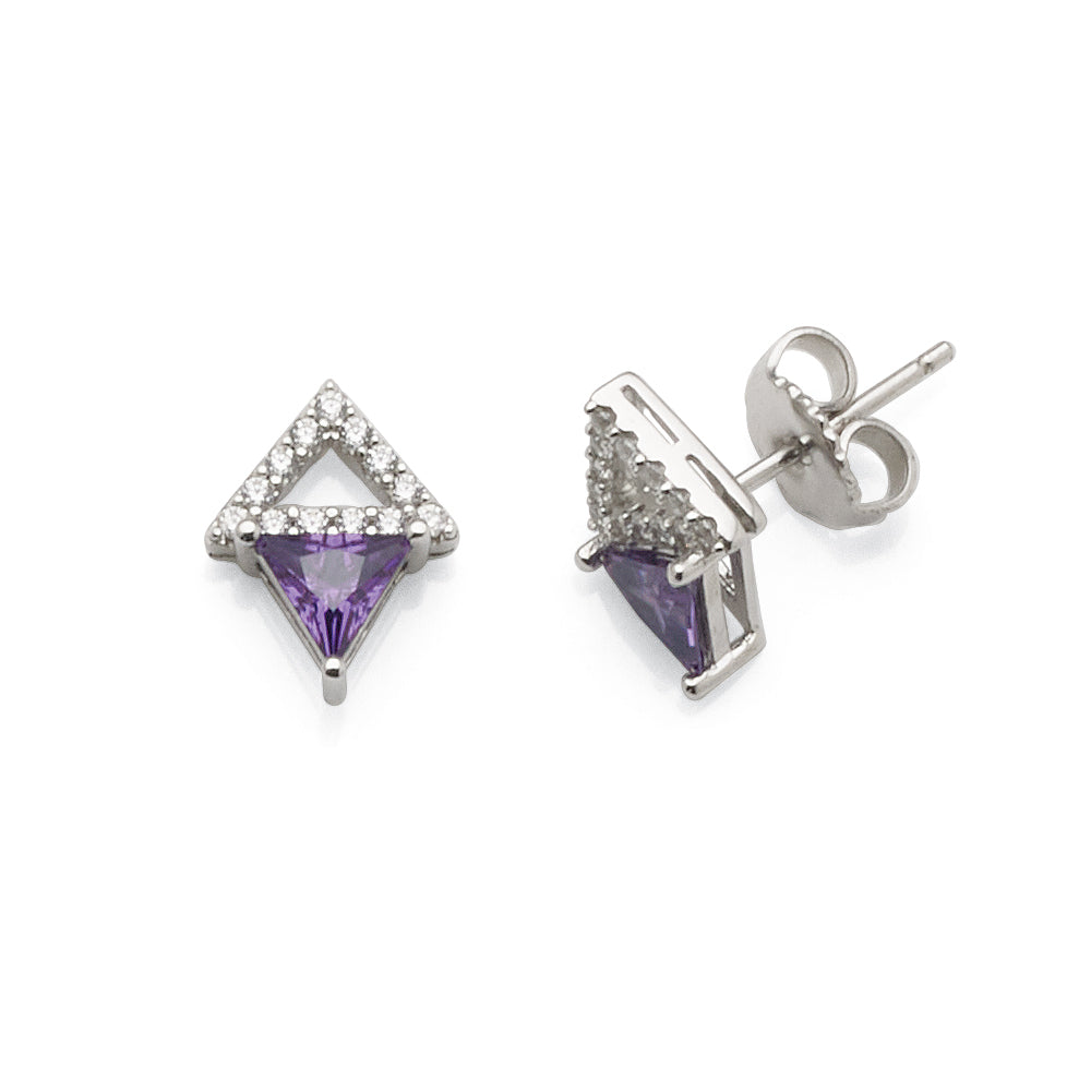 Sterling Silver Purple & White Cubic Zirconia Triangle Stud