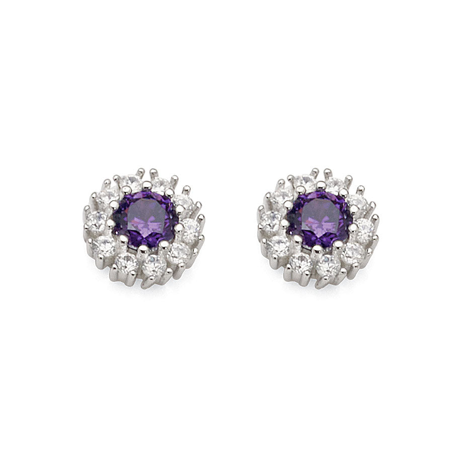 Sterling Silver Purple & White Cubic Zirconia Round Stud Ear