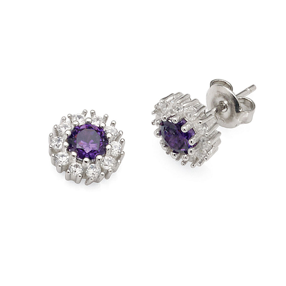 Sterling Silver Purple & White Cubic Zirconia Round Stud Ear