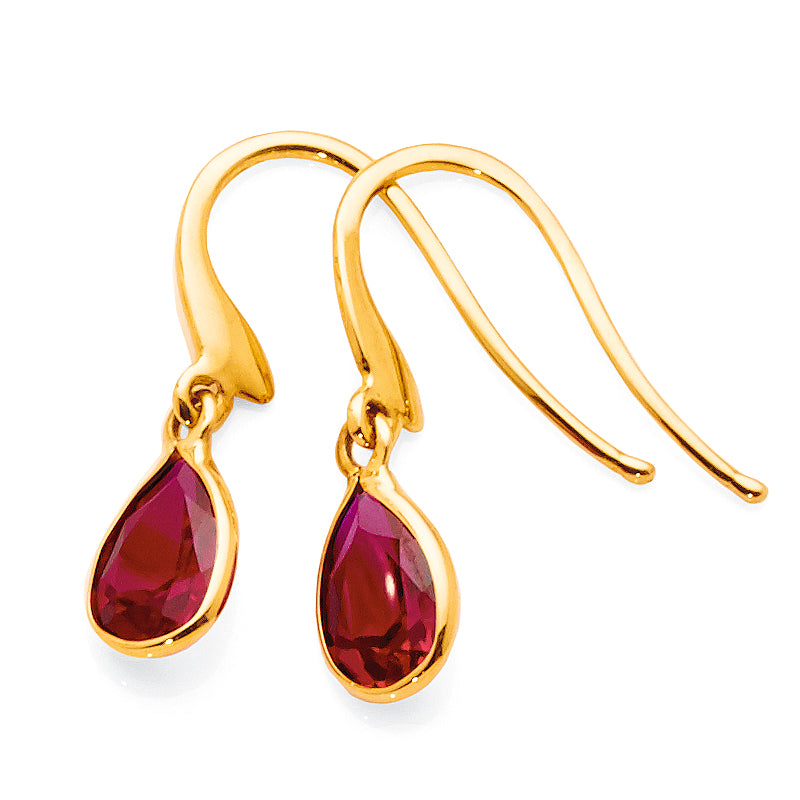9ct Yellow Gold Created Ruby Hook Earrings
