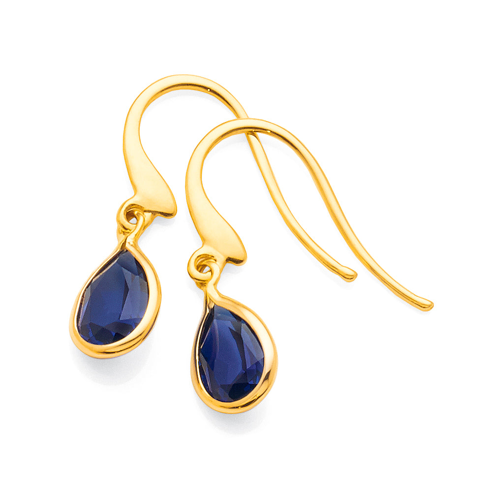 9ct Yellow Gold Created Ceylon Sapphire Hooks