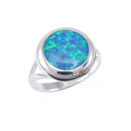 Sterling Silver 14mm Round Blue Opal-Look Ring