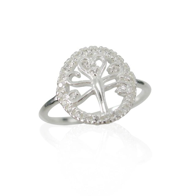 Sterling Silver Cubic Zirconia 12mm Tree Of Life Ring