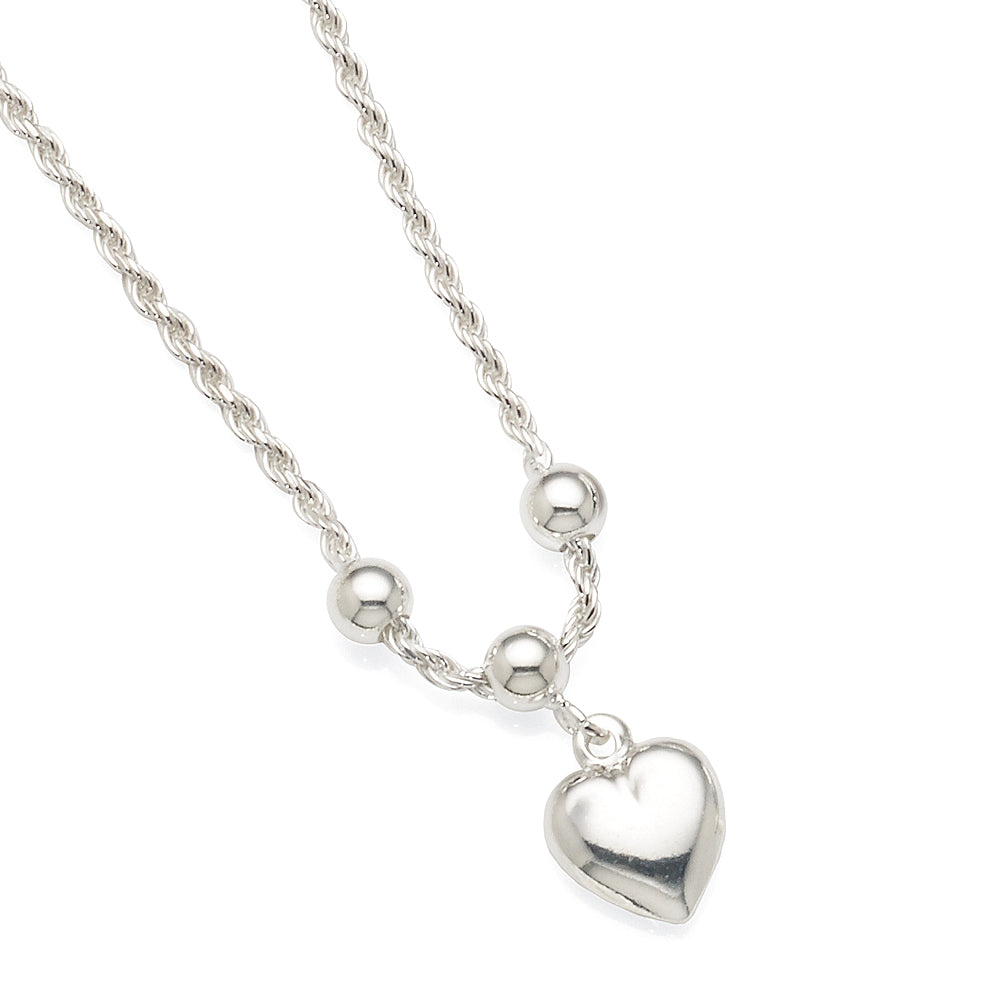 Sterling Silver Hanging Puff Heart Charm Rope Bracelet