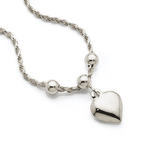 Sterling Silver Hanging Puff Heart Charm Rope Bracelet