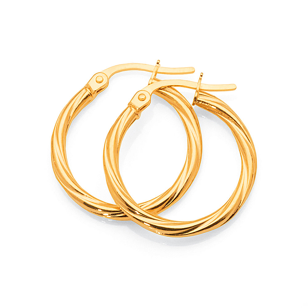 9ct Yellow Gold Twist 15mm Hoop Earrings