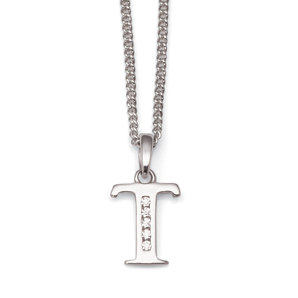 9ct White Gold Cubic Zirconia 'T' Initial Pendant