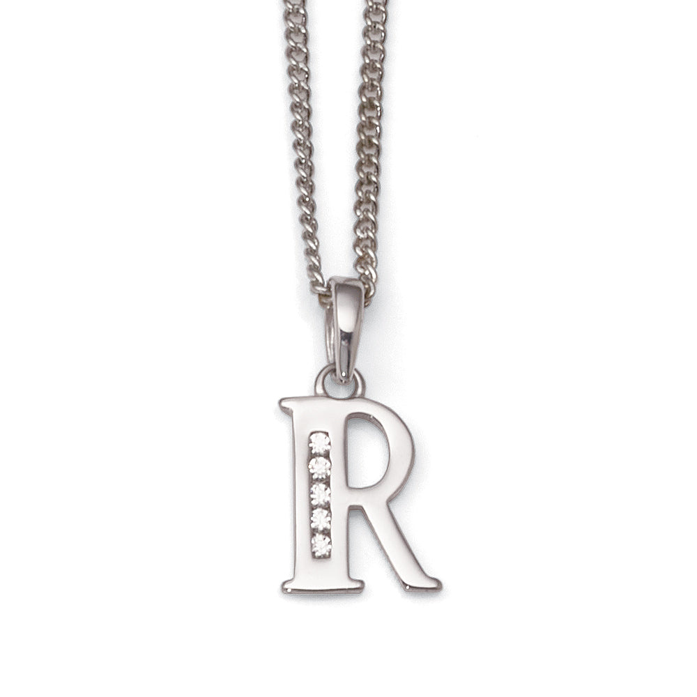 9ct White Gold Cubic Zirconia 'R' Initial Pendant