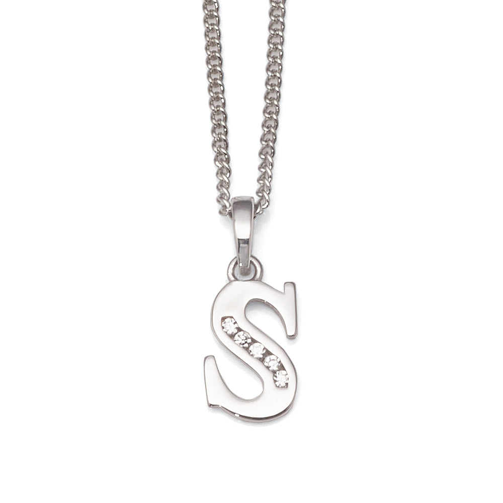 9ct White Gold Cubic Zirconia 'S' Initial Pendant