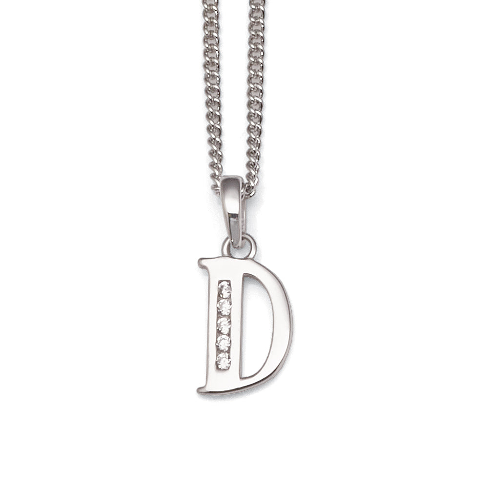 9ct White Gold Cubic Zirconia 'D' Initial Pendant