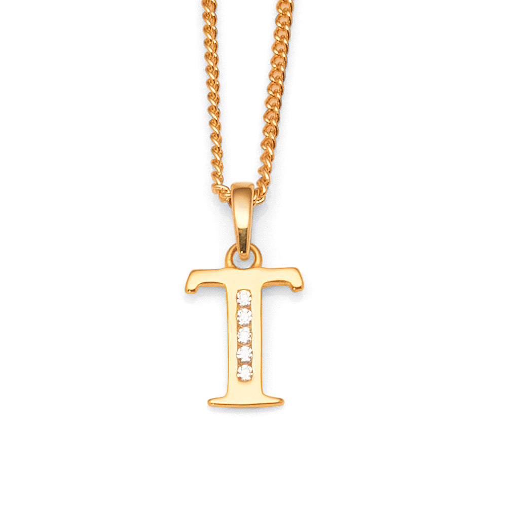 9ct Gold Cubic Zirconia 'T' Initial Pendant