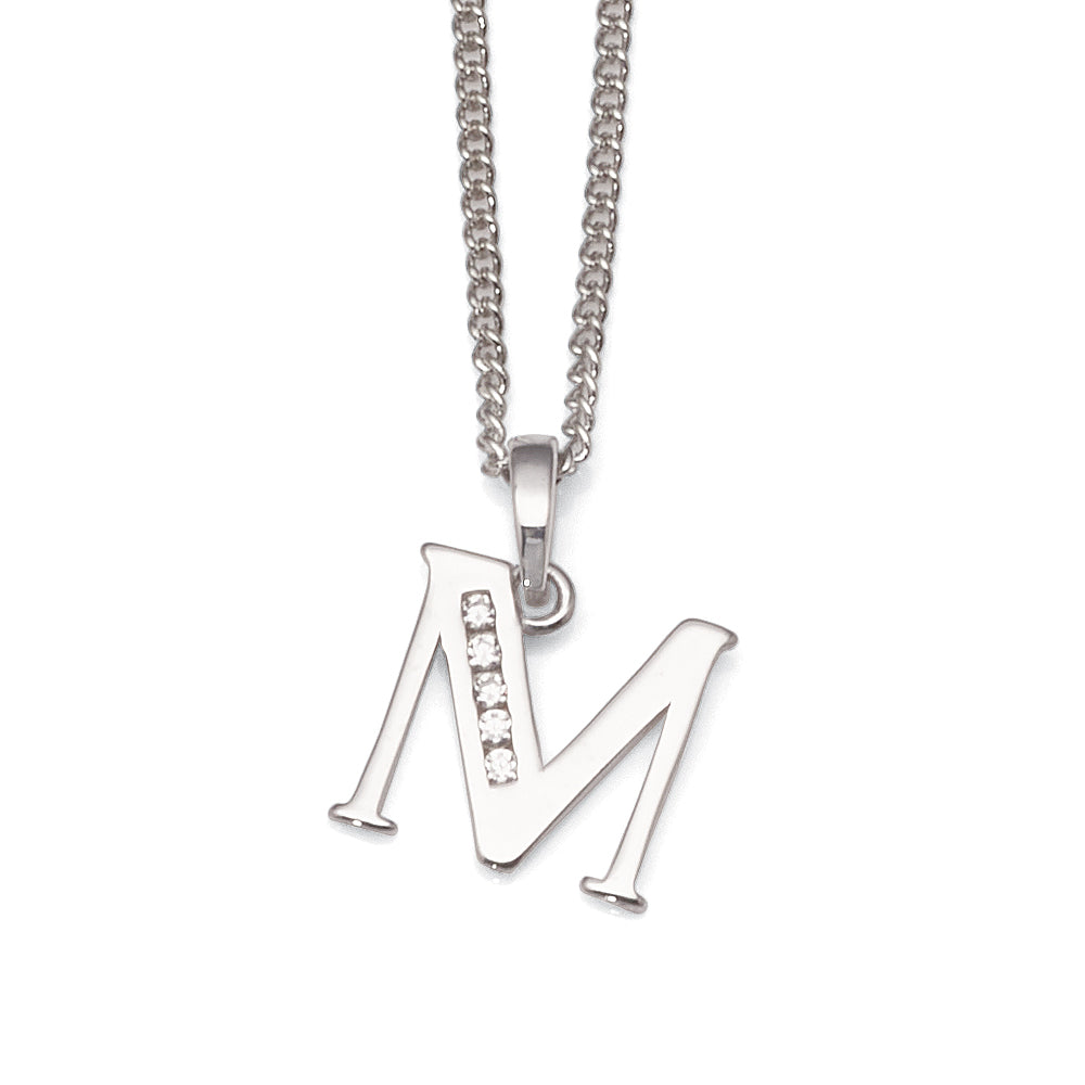 9ct White Gold Cubic Zirconia 'M' Initial Pendant