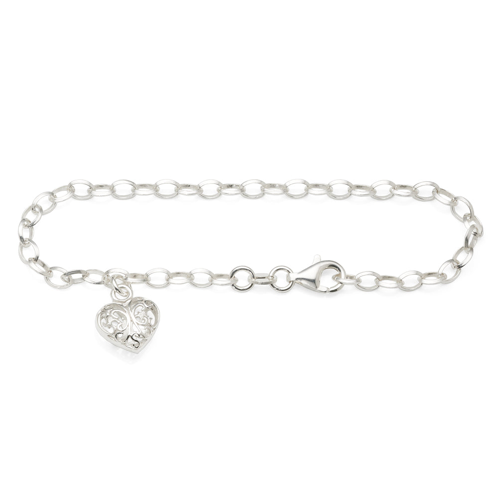 Sterling Silver Filigree Hanging Heart Charm Bracelet