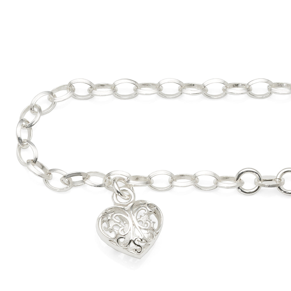 Sterling Silver Filigree Hanging Heart Charm Bracelet