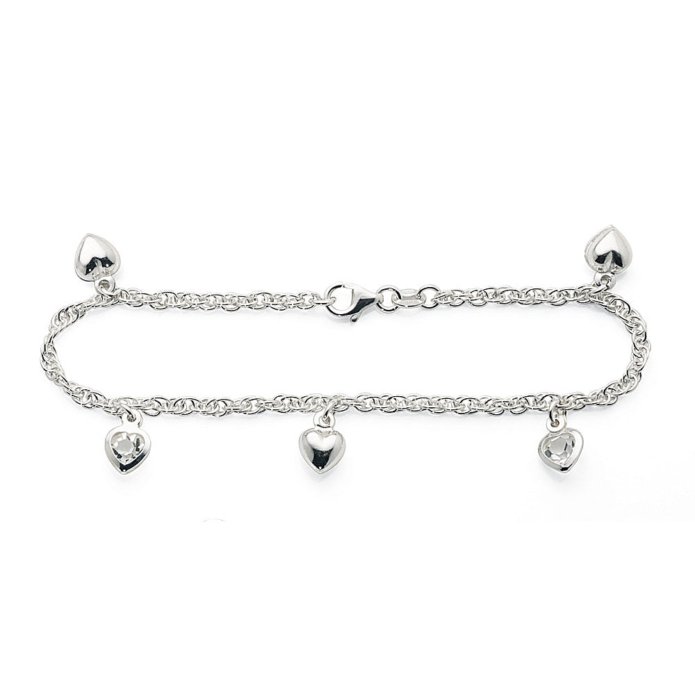 Sterling Silver Alternating Hanging Heart Charm Bracelet