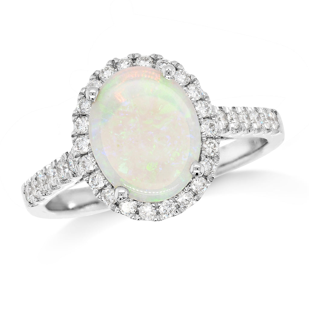 18ct White Gold Oval White Opal & Diamond Halo Ring TDW 0.35