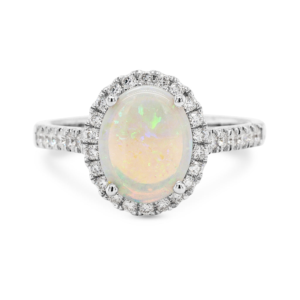 18ct White Gold Oval White Opal & Diamond Halo Ring TDW 0.35