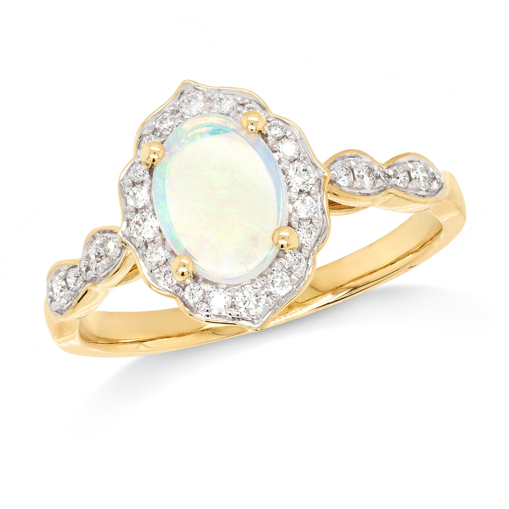 18ct Yellow Gold White Opal & Diamond Scalloped Halo Ring TD