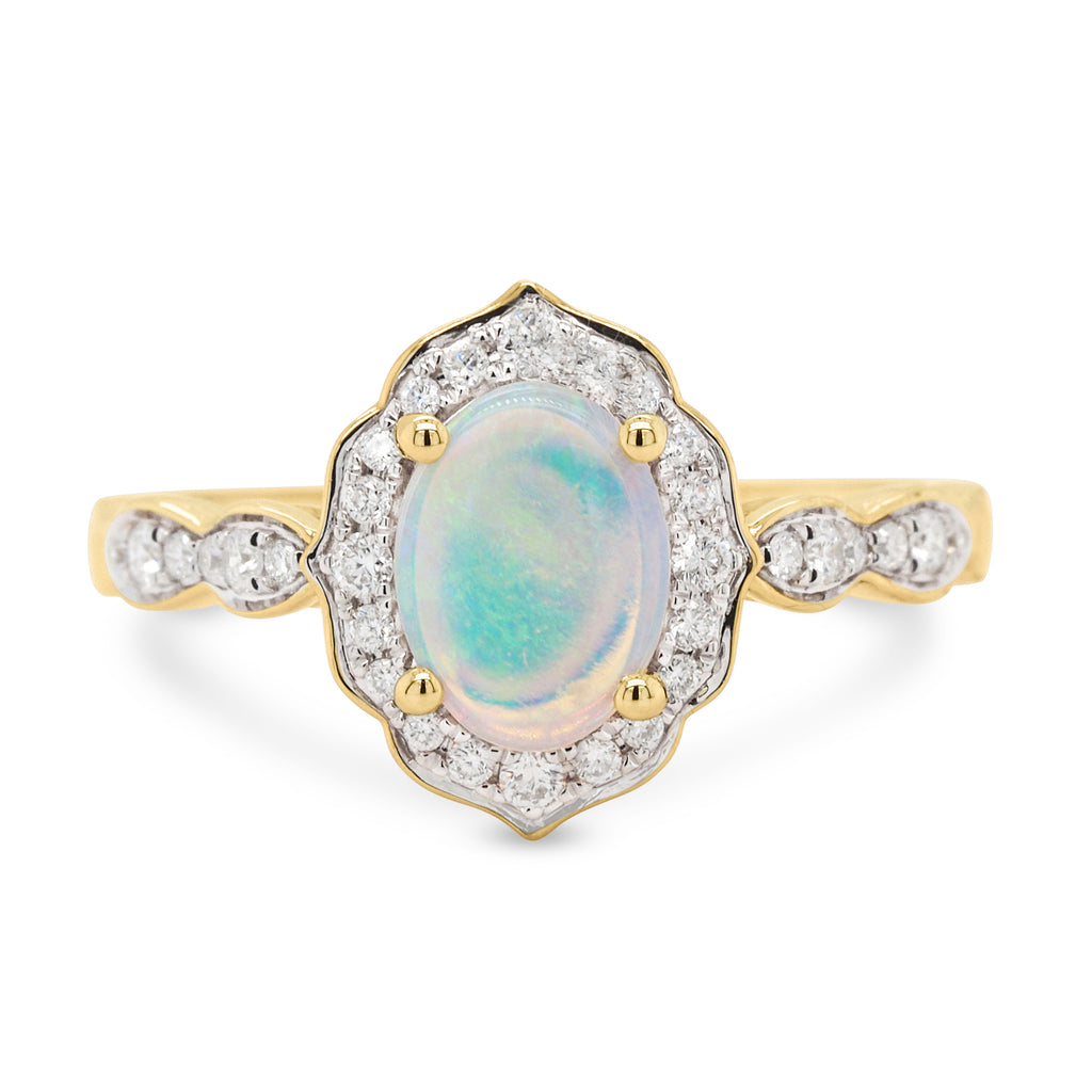 18ct Yellow Gold White Opal & Diamond Scalloped Halo Ring TD