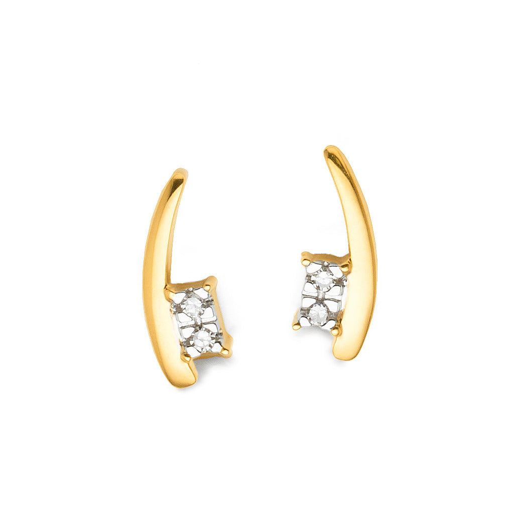 9ct Yellow Gold Diamond Set Curved Climber Stud Earrings