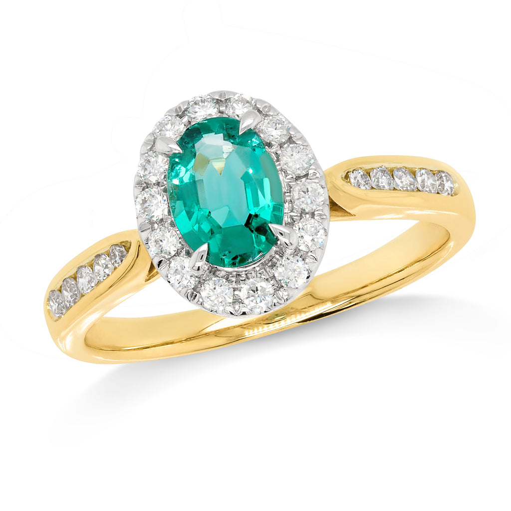 18ct Yellow Gold Oval Natural Emerald & Diamond Halo Ring TD