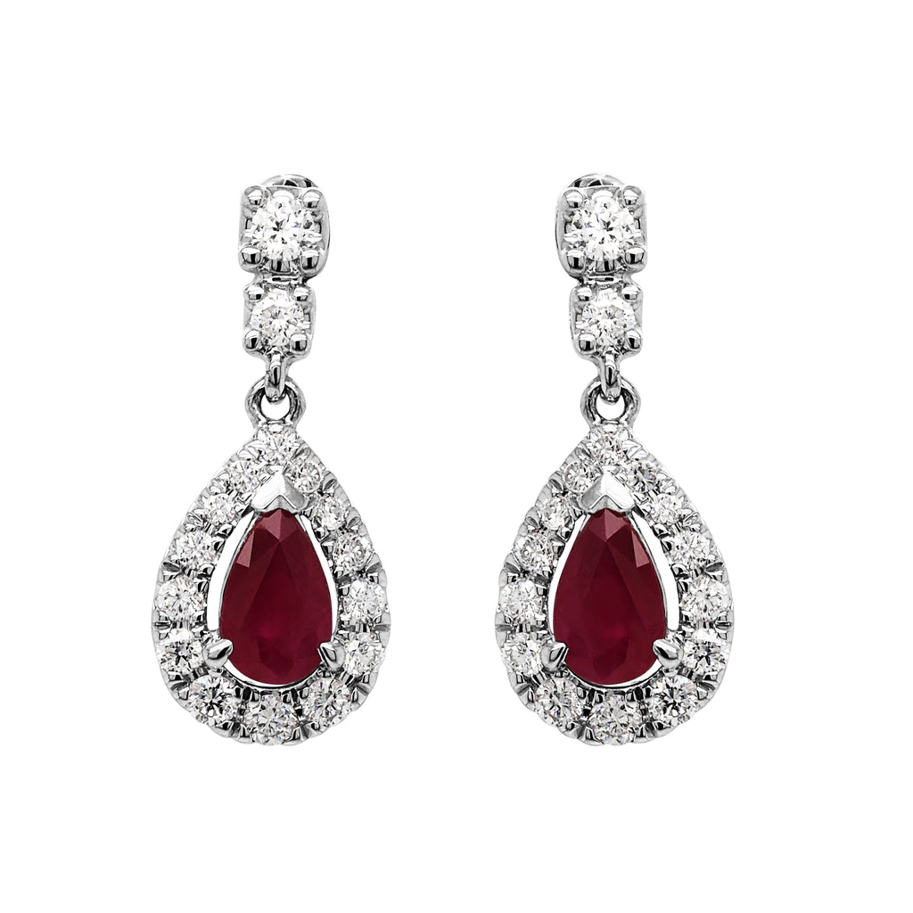 9ct White Gold Pear Shaped Natural Ruby & Diamond Halo Drop