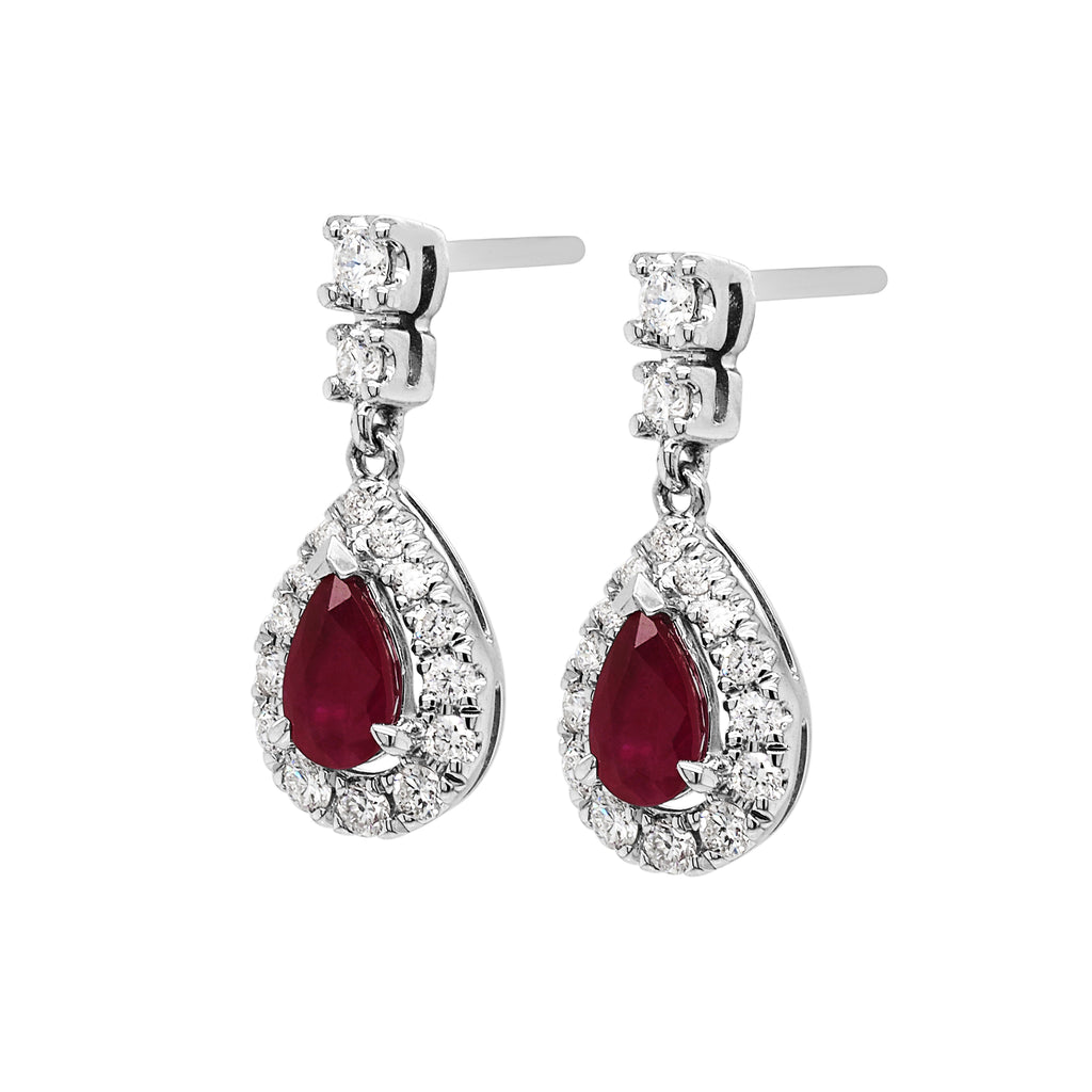 9ct White Gold Pear Shaped Natural Ruby & Diamond Halo Drop