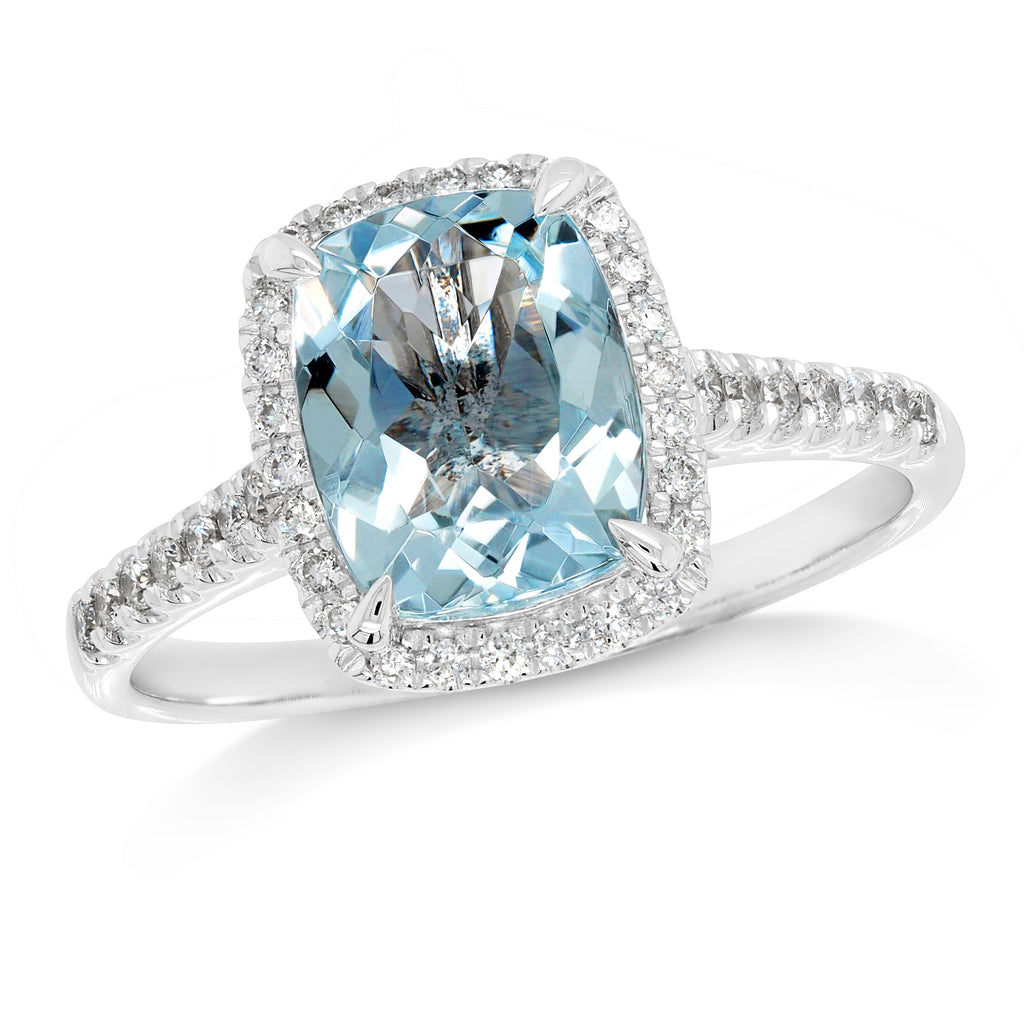 18ct White Gold Cushion Cut Aquamarine & Diamond Halo Ring T