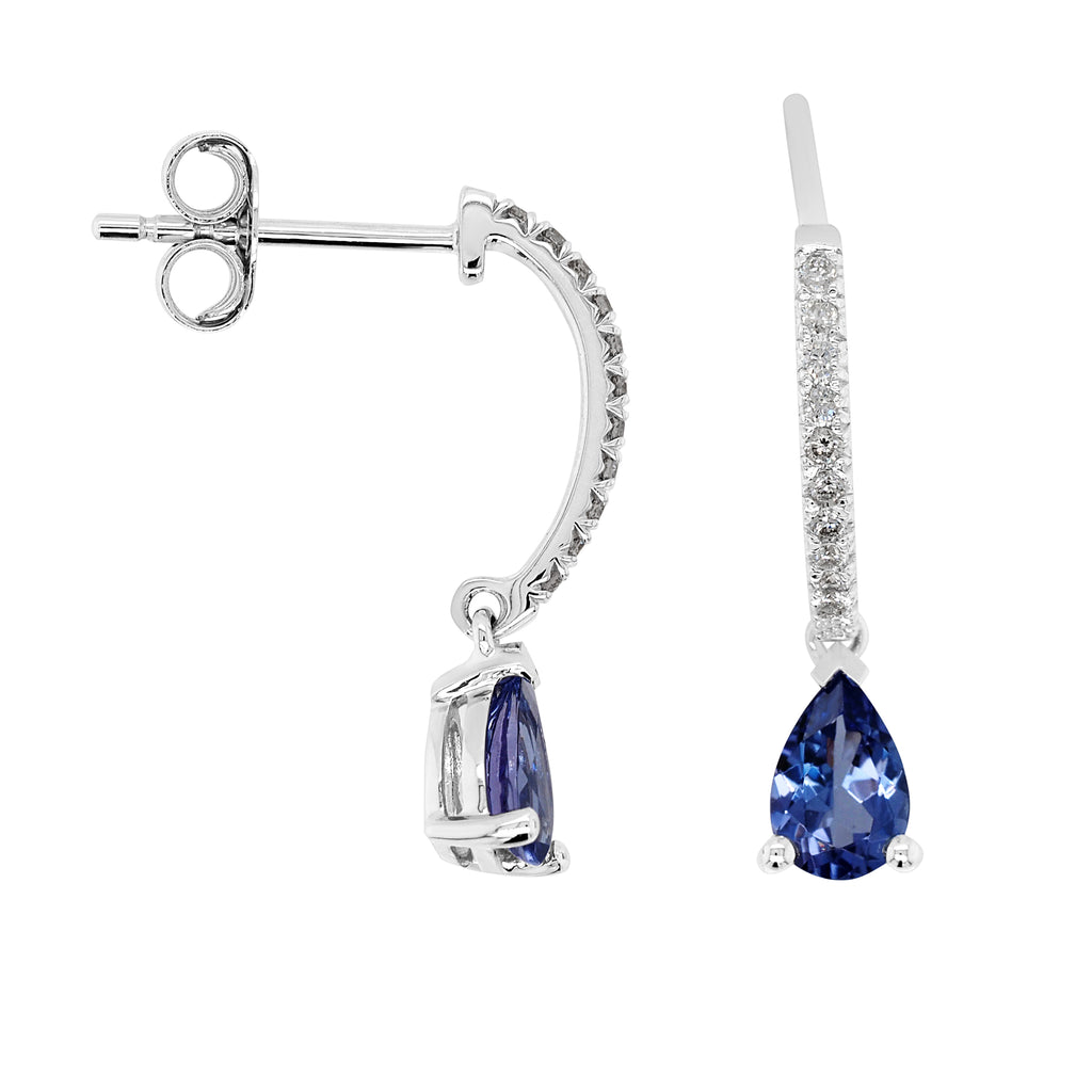 18ct White Gold Pear Shaped Tanzanite & Diamond Curved Drop