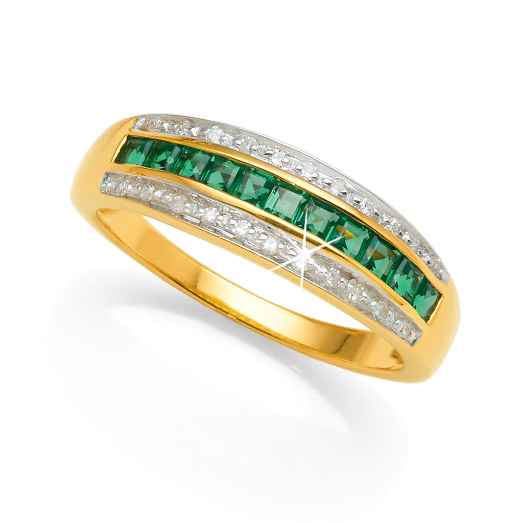 9ct Yellow Gold Created Emerald & Diamond Ring