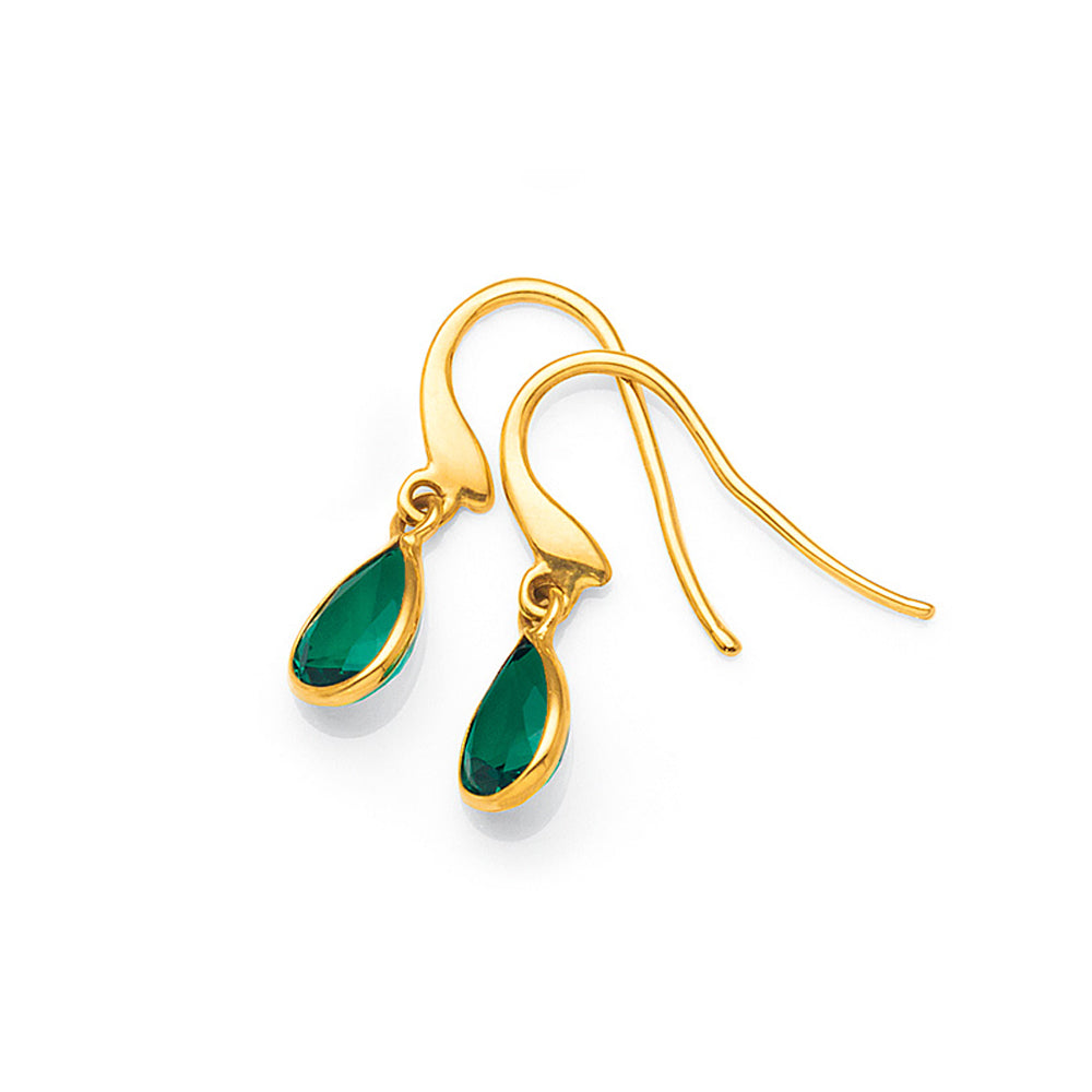 9ct Gold Created Emerald Hook Earrings