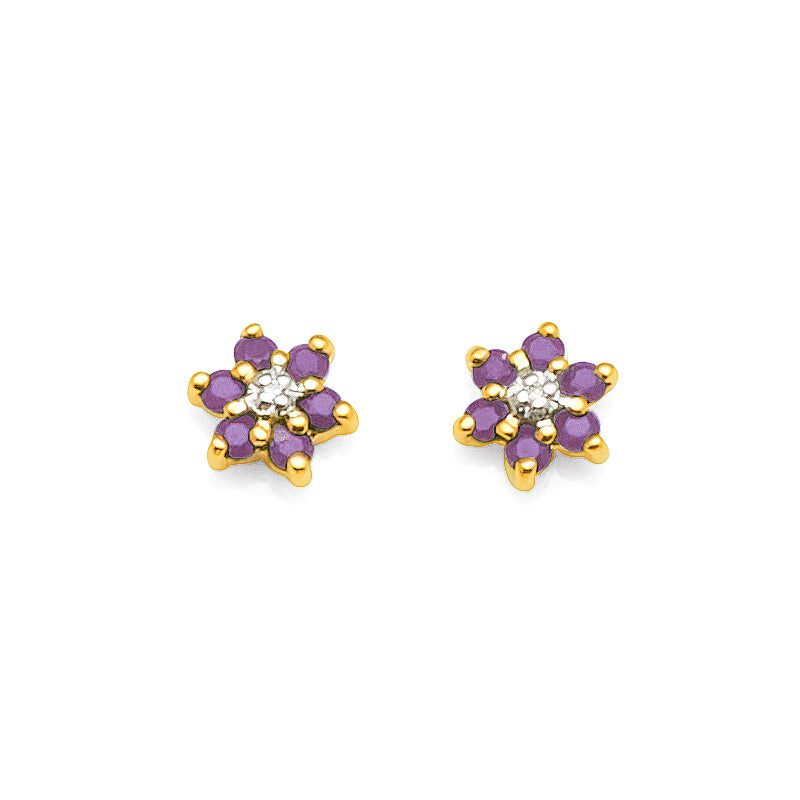 9ct Yellow Gold Amethyst and Diamond Flower Studs