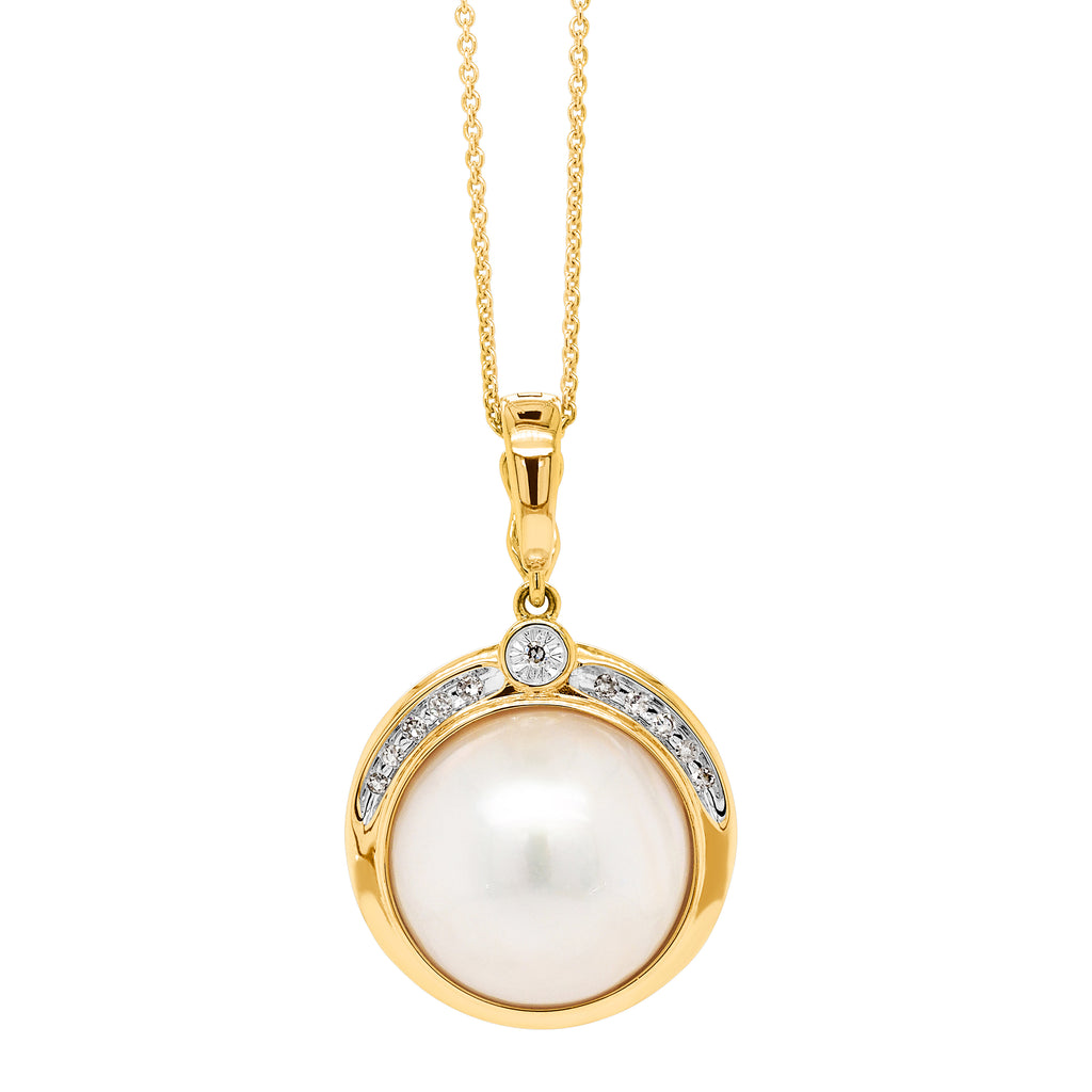 9ct Yellow Gold Mabe Pearl & Diamond Pendant on 45cm Chain