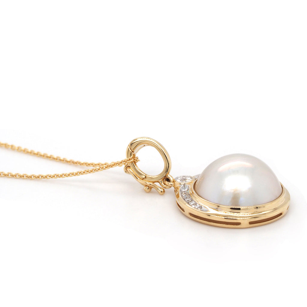 9ct Yellow Gold Mabe Pearl & Diamond Pendant on 45cm Chain
