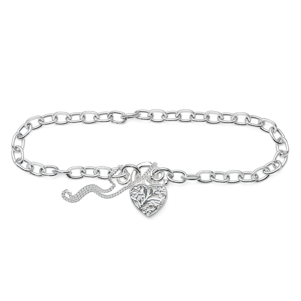 Sterling Silver Filigree Heart Padlock Oval Belcher Bracelet