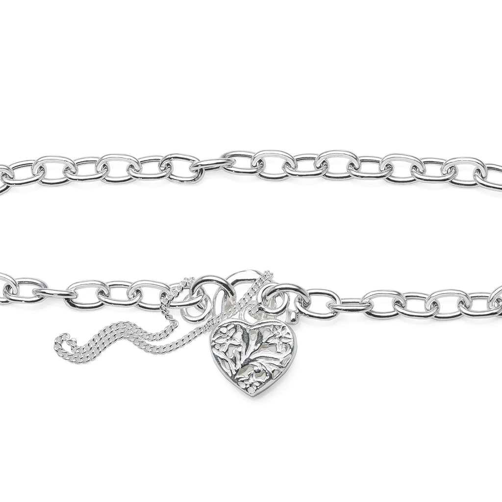 Sterling Silver Filigree Heart Padlock Oval Belcher Bracelet