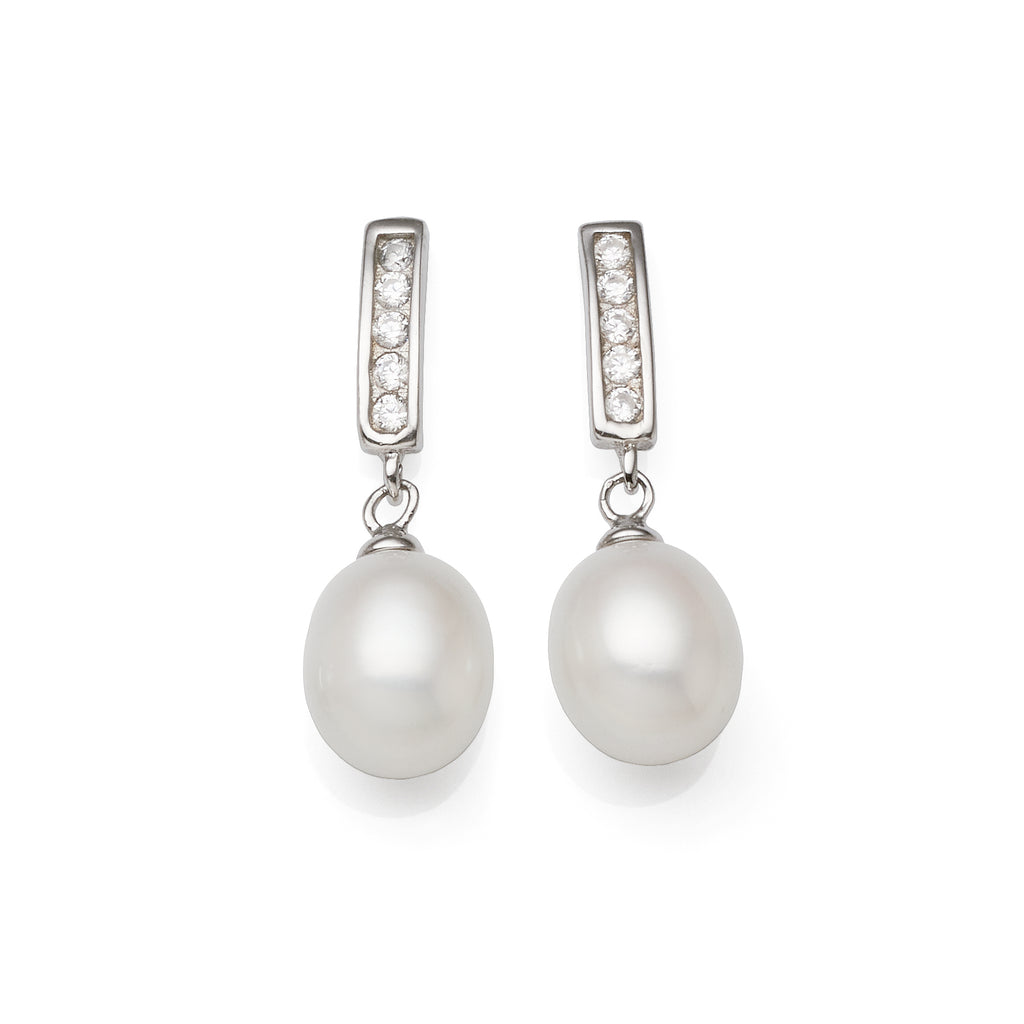 Sterling Silver 9mm Pearl & Cubic Zirconia Drops