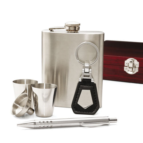Wooden Box & Flask, Shot Cups, Pen, Keyring Gift Set