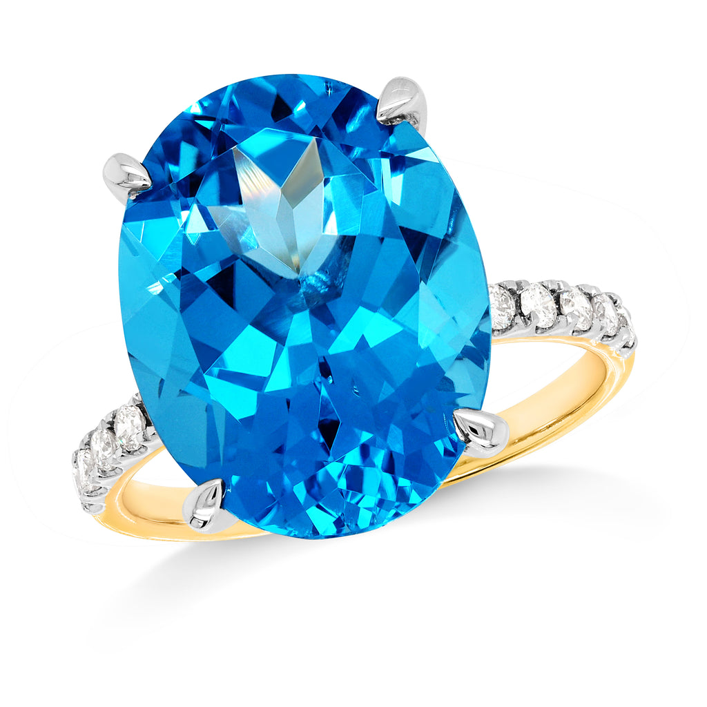 9ct Yellow Gold Oval Blue Topaz & Diamond Ring TDW 0.32CT