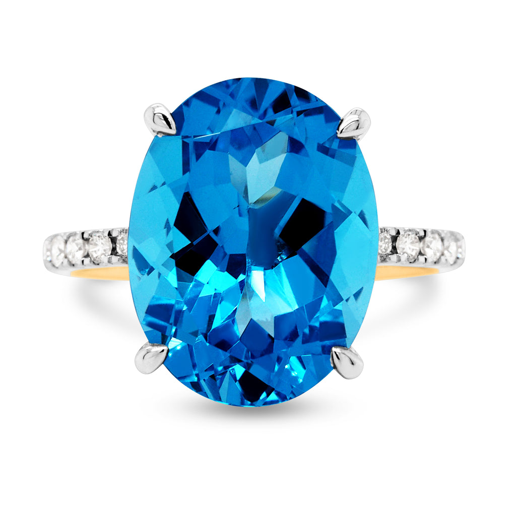 9ct Yellow Gold Oval Blue Topaz & Diamond Ring TDW 0.32CT