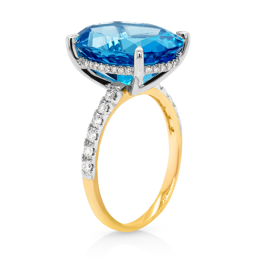 9ct Yellow Gold Oval Blue Topaz & Diamond Ring TDW 0.32CT