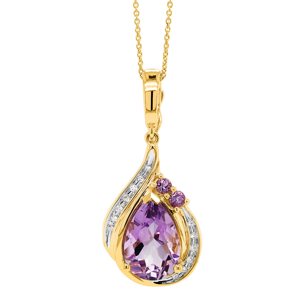 9ct Yellow Gold Pear Shaped Amethyst & Diamond Pendant On 45