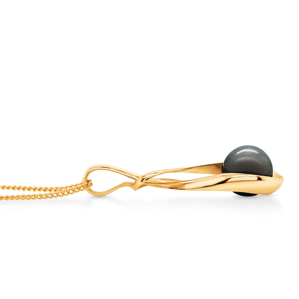 9ct Yellow Gold 10mm Tahitian Pearl Open Twist Pendant