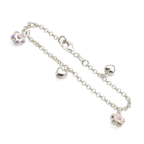 Sterling Silver Children's Puff Flower & Heart Charm Bracele