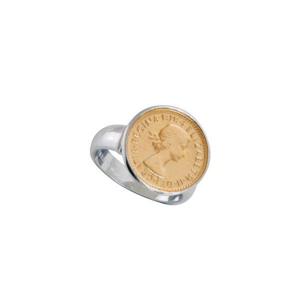 Von Treskow Sterling Silver Gold Tone Threepence Coin Ring V