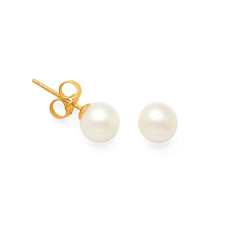 9ct Yellow Gold 6mm White Button Pearl Studs