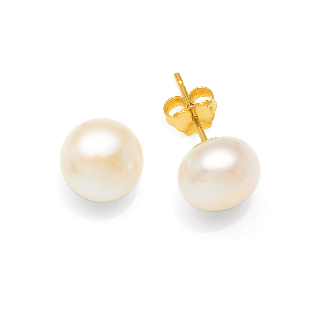 9ct Yellow Gold 8mm Button Pearl Studs